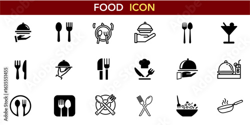 Food Icons Restaurant Symbols Dining Graphics Culinary Design Kitchen Utensils Meal Service Catering Business Menu Elements Cooking Tools Plate Settings Cutlery Collection Hospitality