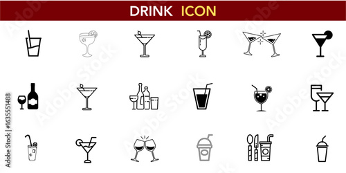 Drink Icons Beverage Symbols Cocktail Graphics Juice Glass Smoothie Cup Bar Menu Restaurant Cold Summer Tropical Fruit Iced Straw Citrus Party Celebration Happy Hour Nightlife Pub Lounge