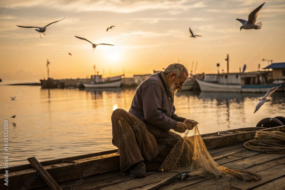 Fototapeta premium A man sits on a dock fishing with a net