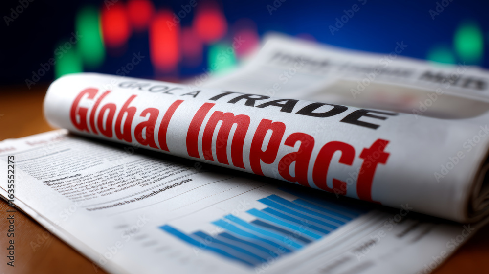 Obraz premium Trade impact on stocks. Global trade impact newspaper headline stock market chart finance economy analysis report business