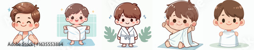 vector of a little boy wearing a towel after taking a shower