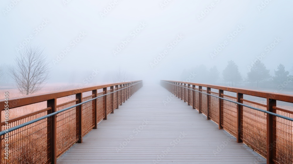 Fototapeta premium Wooden bridge extends into dense fog, creating a mysterious atmosphere with surrounding trees barely visible in the background, inviting exploration and reflection