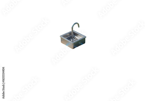 Isometric 3D Illustration of Shiny Metal Sink with Chrome Faucet on Black
