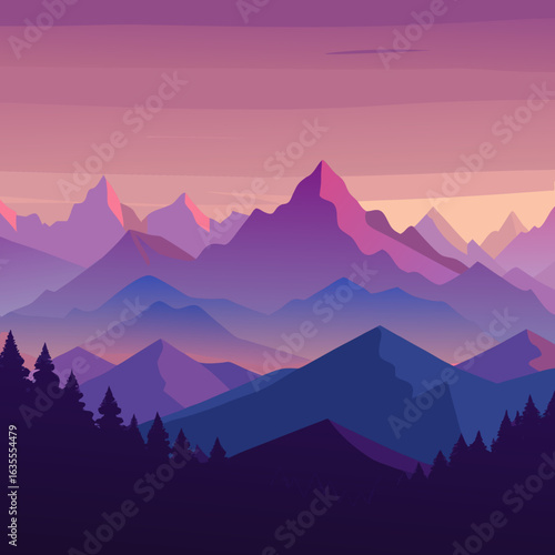 Serene mountain landscape at sunset with purple and pink hues