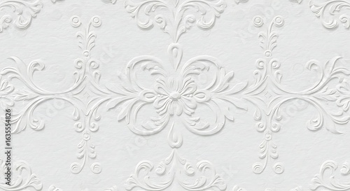 Elegant White Embossed Pattern with Floral and Scroll Design