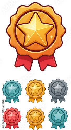 Pixelated Gold Star Badge with Red Ribbon and Variations on Transparent Background Illustration