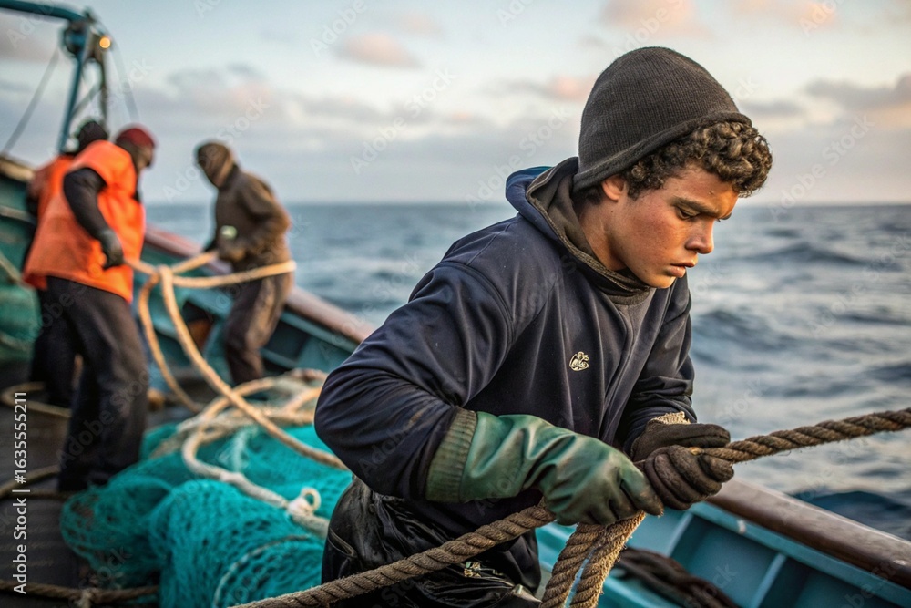 Fototapeta premium A man in a blue hoodie is pulling a rope on a boat