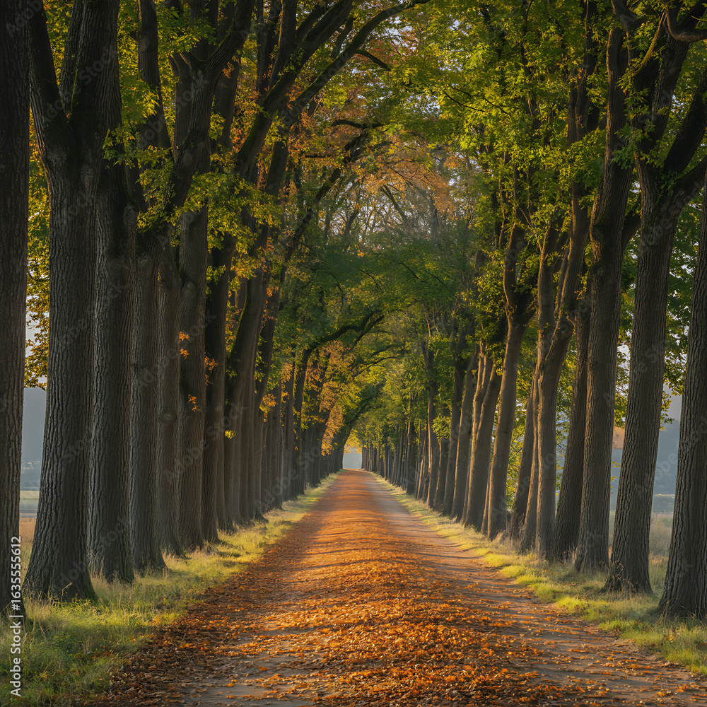Fototapeta premium Scenic Tree-Lined Avenue in Warm Autumn Sunlight 