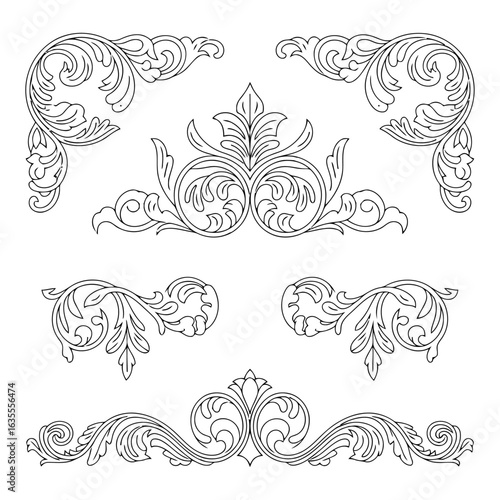 Ornate baroque flourish decorative elements isolated on transparent background