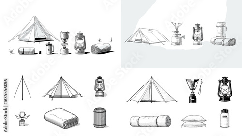 Minimalist black-and-white illustration of camping gear including tents, lanterns, sleeping bags, and stoves, perfect for outdoor adventure and travel design.