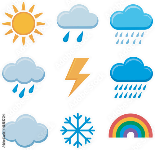 Colorful sticker-style weather icon set with sun, clouds, rain, lightning, snow, and rainbow