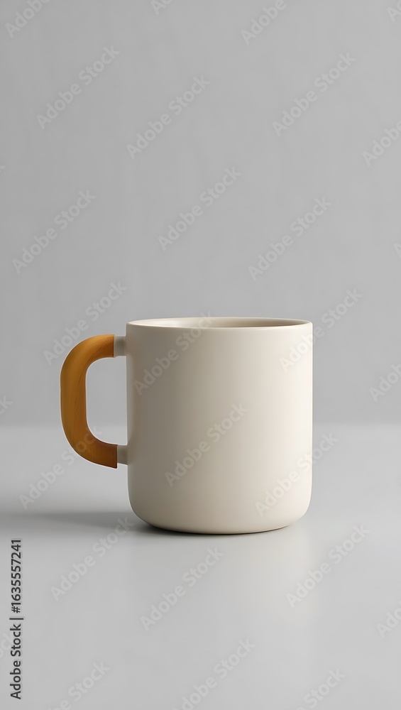 Obraz premium Minimalist Ceramic Mug with Wooden Handle on Neutral Background Ideal for Coffee or Tea Product Mockups and Lifestyle Photography Sessions