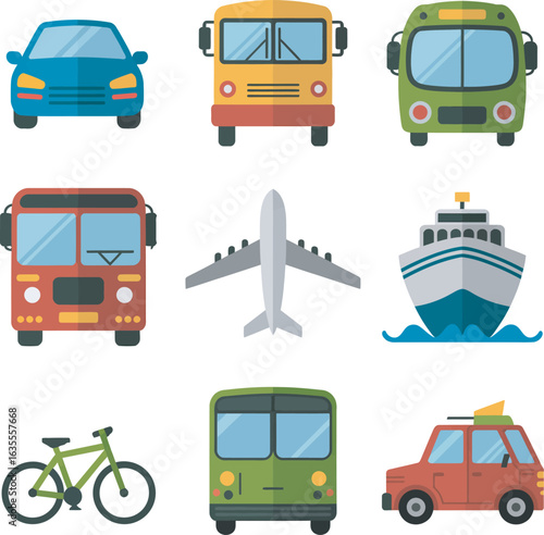 Set of nine colorful flat design transportation icons for land, air, and sea travel