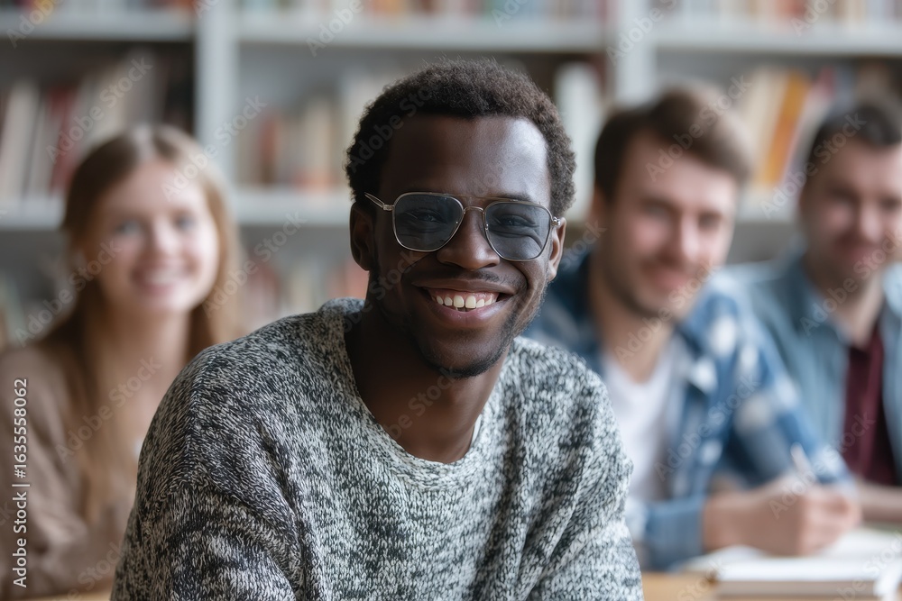 Fototapeta premium Blind Student at College: Diverse Group Chatting with Smiling Man