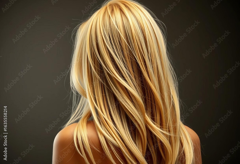 Naklejka premium Long blonde hair cascading down a model's back, back, elegant