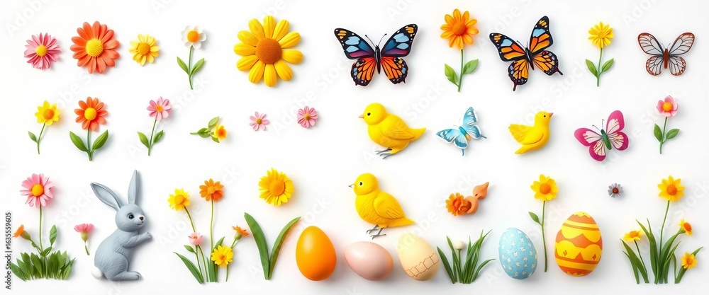 Naklejka premium Colorful spring icons including flowers, bunnies, chicks, butterflies, and eggs on a white background, flower, decoration
