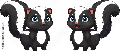 Cute cartoon skunk characters, adorable black and white forest animal, big blue eyes, smiling expression, children’s illustration, wildlife mascot, playful design