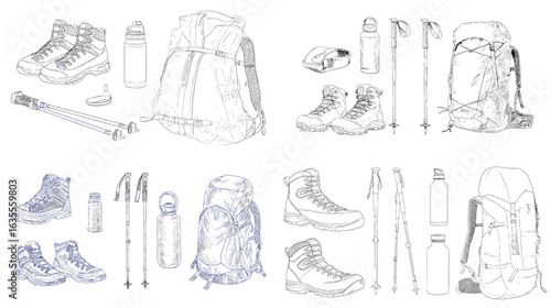 Hand-drawn sketch illustration of hiking and camping gear including backpacks, boots, bottles, and trekking poles, perfect for adventure and outdoor design projects.
