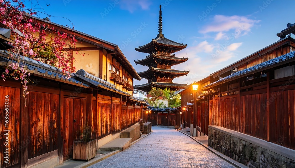 Fototapeta premium Japanese temple town at dawn