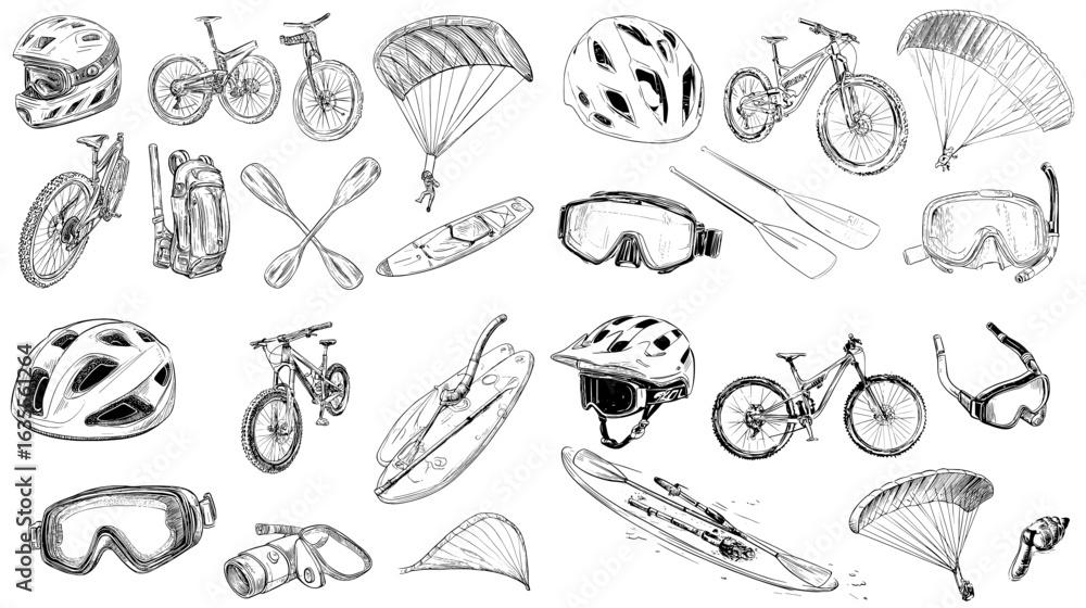 Obraz premium Hand-drawn sketch illustration of outdoor sports equipment including bicycles, helmets, kayaks, and goggles, perfect for adventure, travel, and activity concepts.
