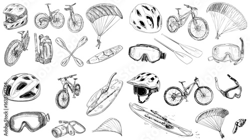 Hand-drawn sketch illustration of outdoor sports equipment including bicycles, helmets, kayaks, and goggles, perfect for adventure, travel, and activity concepts.