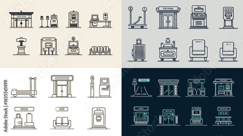 Minimalist vector icon set of public transport and station elements including ticket machines, gates, seats, and kiosks, perfect for travel and urban design projects.