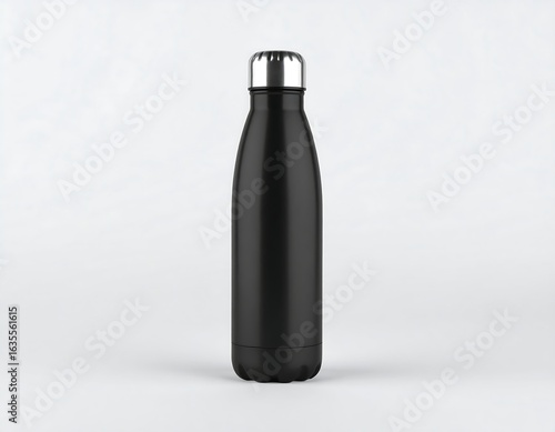 Sleek black reusable stainless steel water bottle for sustainable hydration. Insulated metal thermos flask mockup on a white background.