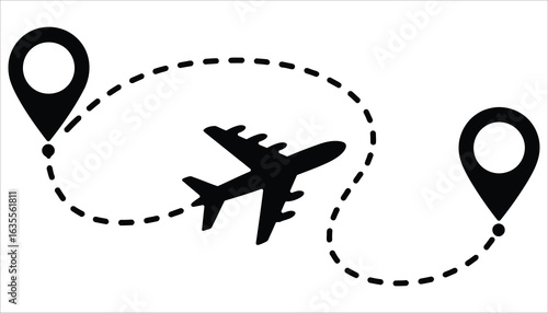 Airplane Route Vector with Dotted Flight Path and Location Pins