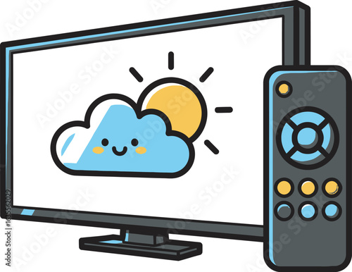 Cartoon Smart TV with Smiling Cloud and Sun Weather Display and Remote Control