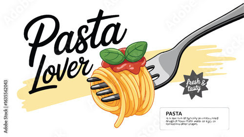 Fork Twirling Spaghetti with Tomato Sauce and Basil Leaves Pasta Lover Text food