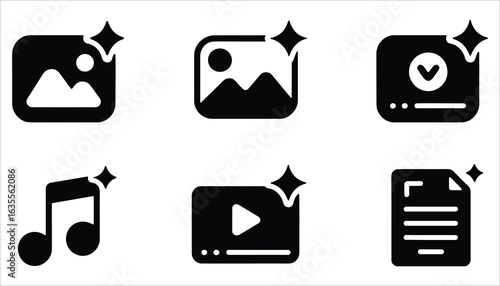 Flat Black Media File Icon Set Vector with Image, Music, Video, and Document Symbols