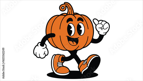 Cartoon Pumpkin Character Vector Walking with Smile and Sneakers