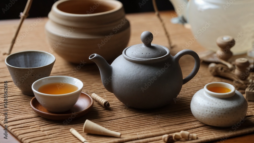 Fototapeta premium Ceramic Teapot and Loose Leaf Tea Set with Incense Holder on Natural Textured Mat