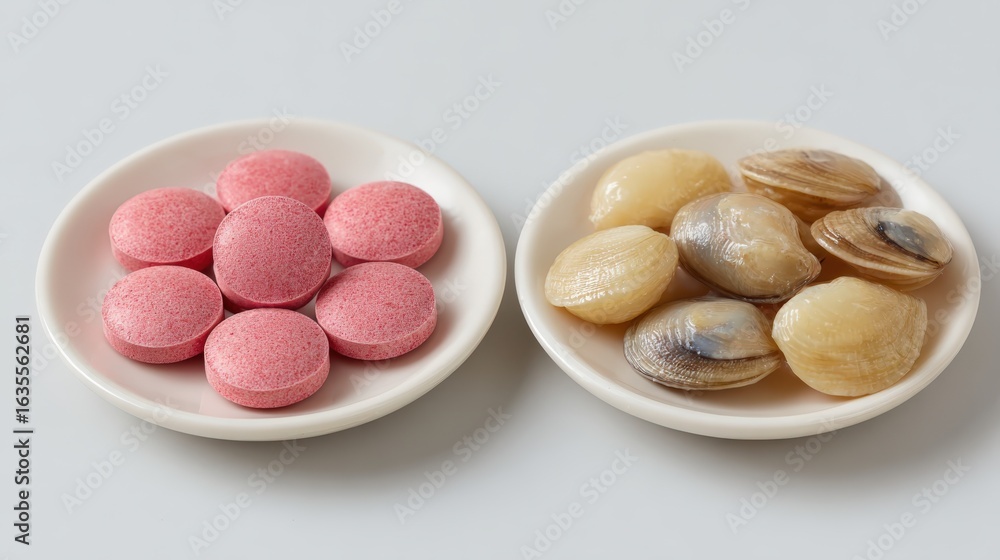 Obraz premium Comparison of vitamin B12 tablets and raw clam meat on glossy plates in clinical setting