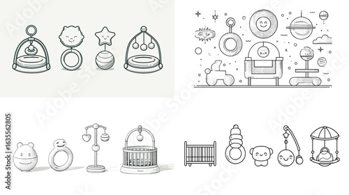 Minimalist outline icon set of baby toys and nursery items including mobiles, cribs, plush toys, and rattles, perfect for parenting, childcare, and product designs.