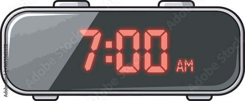 Retro digital alarm clock displaying 7:00 AM with glowing red segments