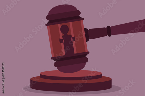 Vector illustration of a gavel with a silhouette of a person in prison inside