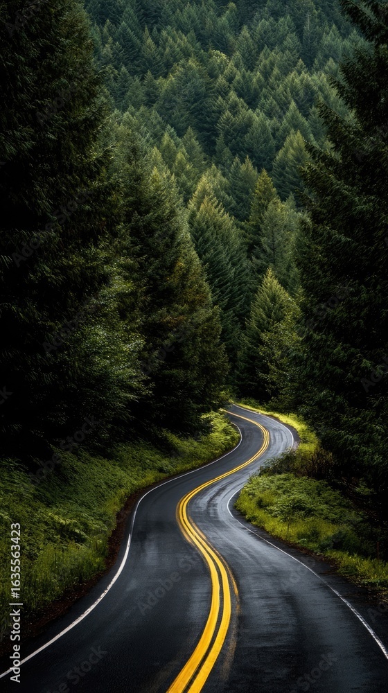 Fototapeta premium Winding road through lush forest (1)
