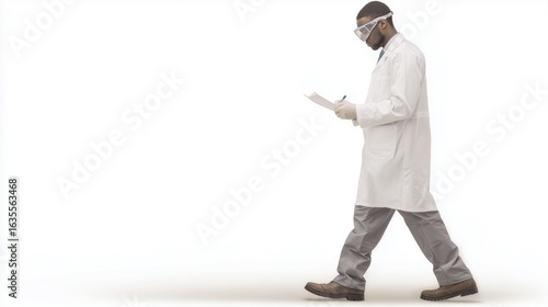 A scientist in a lab coat and safety goggles, walking with lab notes, isolated subject, white background