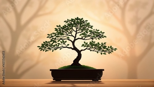 A beautifully shaped bonsai tree with delicate branches and lush green leaves in a dark pot