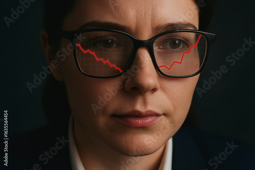 Business comeback reflected in glasses with red graph line showing recovery and determination