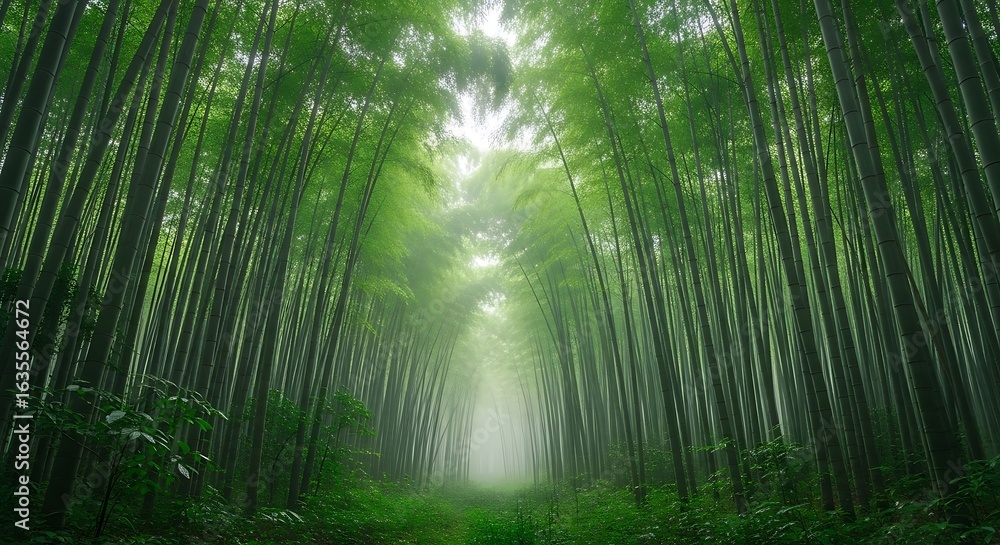 Fototapeta premium Sunlight filtering through a dense lush green bamboo forest path creating a serene natural landscape