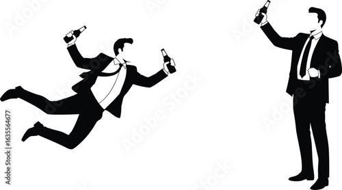 Silhouette of businessmen holding guns, action combat illustration, flying and standing poses, armed corporate spy concept, vector business fight scene, crime danger weapon graphic design.