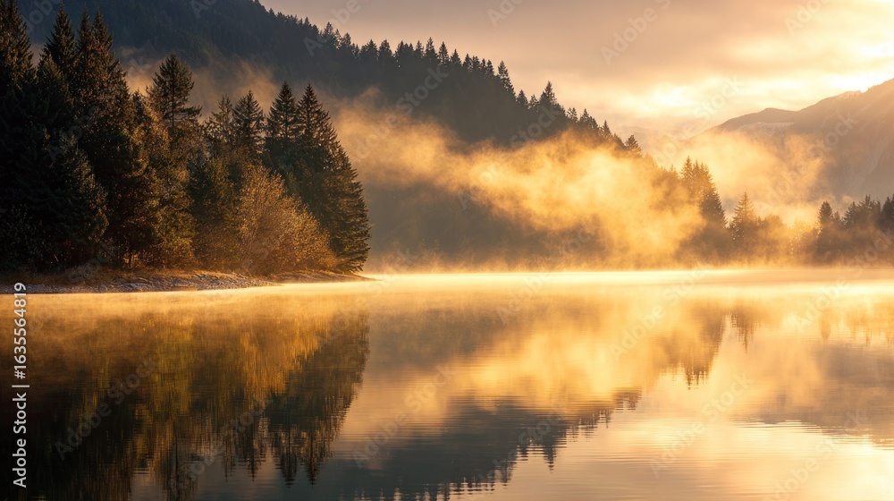 Fototapeta premium Sunrise over misty lake and forest