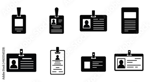 Collection of Black and White ID Badge Icons in Various Styles and Formats, Flat vector