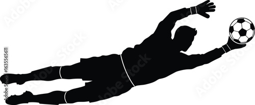 Goalkeeper catching soccer ball, football goalie silhouette, sports defense vector art, diving save illustration, athletic action scene, soccer match moment, goalie jump to block scoring shot.
