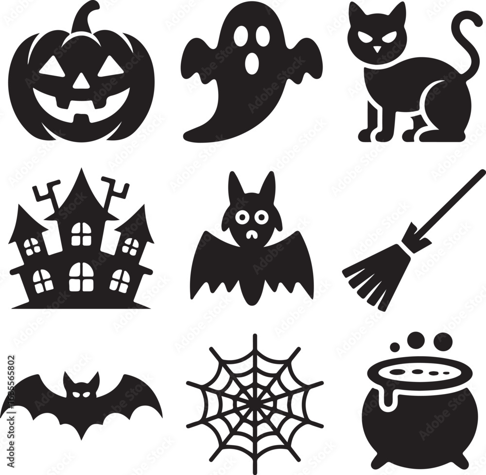 Obraz premium Set of classic black Halloween icons. Vector collection of spooky symbols including jack-o'-lantern, ghost, cat, and haunted house.