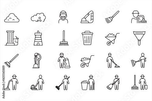 Linear Icons Set of Mops, Vacuums, and Cleaning Tools

