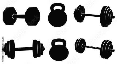 Silhouette of Dumbbells and Kettlebells for Fitness and Strength Training, Flat vector