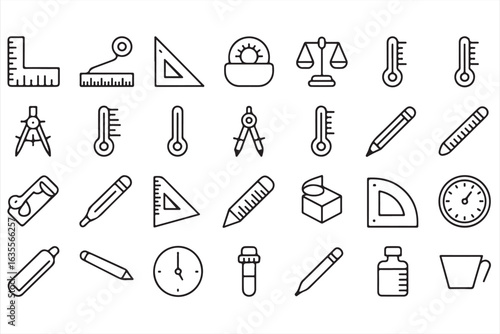 Outline School Supplies Icons Featuring Rulers, Pencils, and Thermometers

